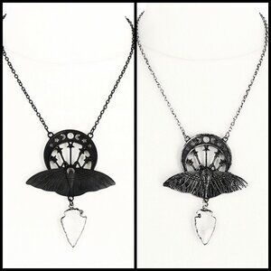 Death Moth Quartz Pendant – Restyle ✦ Moon Phases ✦ Raw Arrowhead ✦ Black/Silver